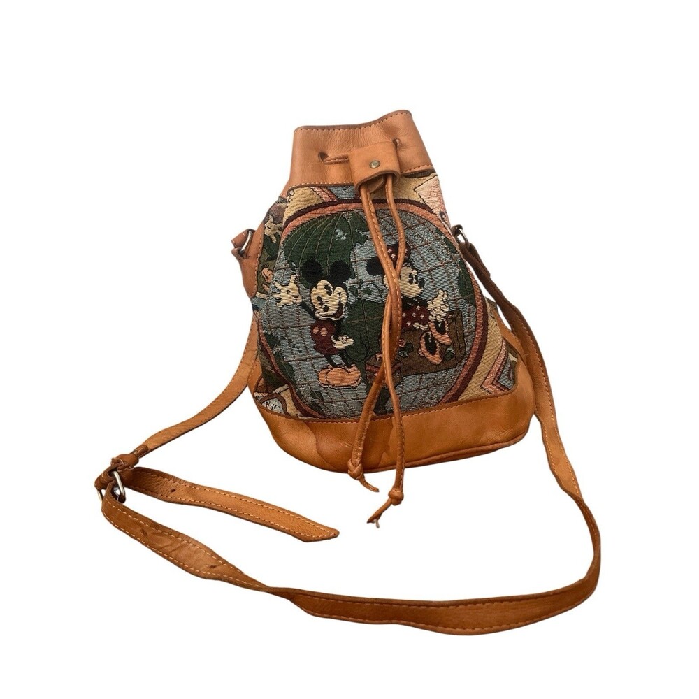 Walt Disney Gallery Tapestry/Leather Purse w/World Travelers Mickey & Minnie VTG